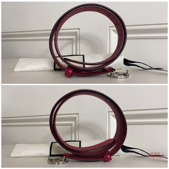 Authentic Gucci Red Calfskin Leather Silver Interlocking G Buckle Belt 80/32 - Picture 9 of 13